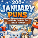 Funny January puns featured image showing snowman, penguin, and snowy winter village