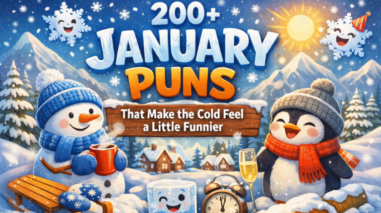 Funny January puns featured image showing snowman, penguin, and snowy winter village