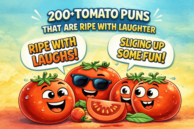 Cute illustrated tomatoes smiling with playful expressions for a tomato puns humor article