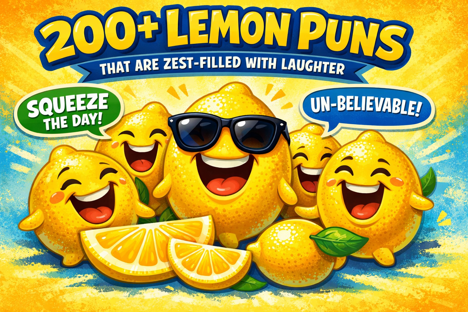 Cute illustrated lemons smiling with playful expressions for a lemon puns humor article