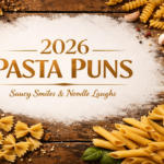 A professional 1200x628 featured image for "2026 Pasta Puns" featuring an artistic top-down view of various dry pasta shapes on a rustic wooden table with elegant gold-leaf typography. Includes the Punsera.com logo