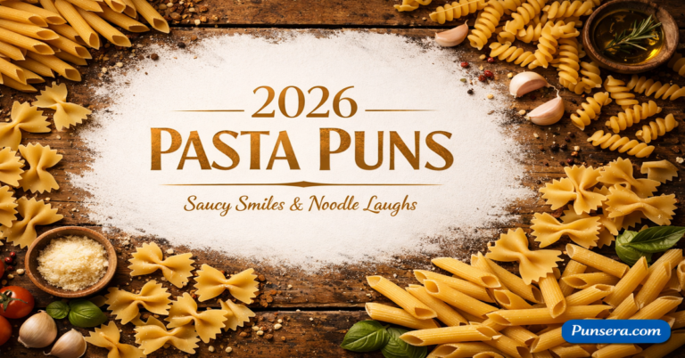 A professional 1200x628 featured image for "2026 Pasta Puns" featuring an artistic top-down view of various dry pasta shapes on a rustic wooden table with elegant gold-leaf typography. Includes the Punsera.com logo