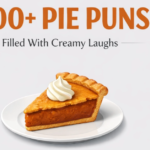 A professional minimalist featured image for "200+ Pie Puns" on a light gray background. The title is in bold orange-brown text, featuring a high-quality illustration of a pumpkin pie slice with whipped cream on a white plate. Includes the Punsera.com logo.