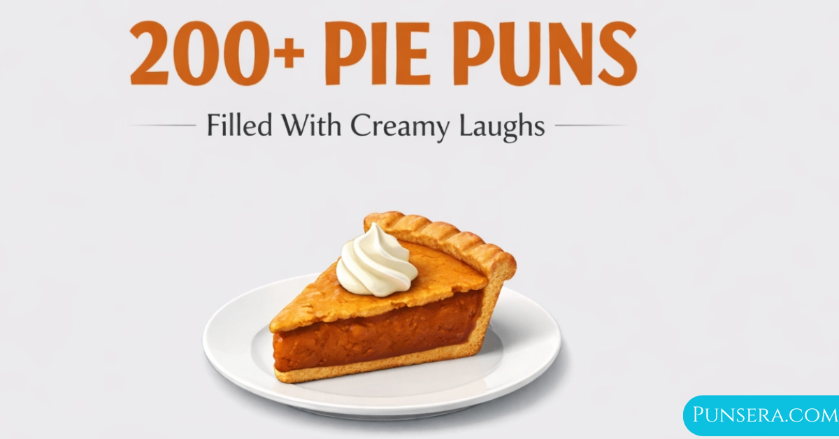 A professional minimalist featured image for "200+ Pie Puns" on a light gray background. The title is in bold orange-brown text, featuring a high-quality illustration of a pumpkin pie slice with whipped cream on a white plate. Includes the Punsera.com logo.