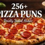 A delicious pepperoni pizza on a dark stone surface, featuring the text "256+ PIZZA PUNS: Freshly Baked Humor" with the Punsera.com logo in the corner.