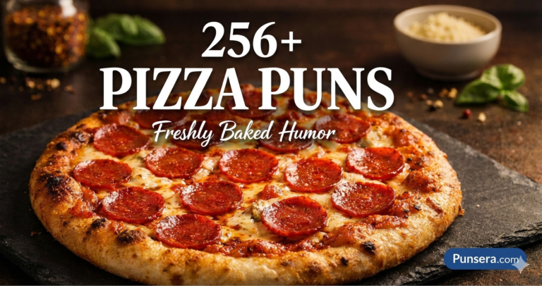A delicious pepperoni pizza on a dark stone surface, featuring the text "256+ PIZZA PUNS: Freshly Baked Humor" with the Punsera.com logo in the corner.