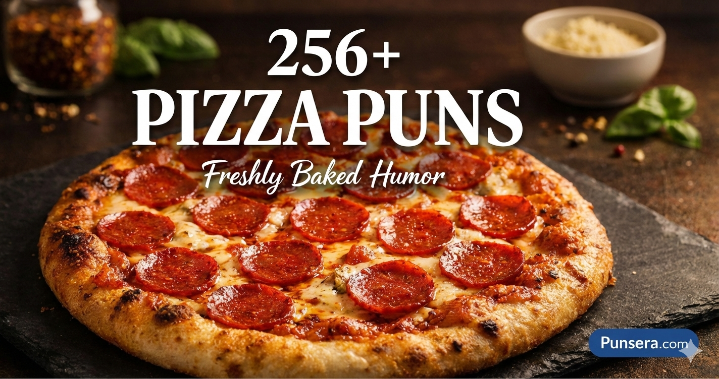 A delicious pepperoni pizza on a dark stone surface, featuring the text "256+ PIZZA PUNS: Freshly Baked Humor" with the Punsera.com logo in the corner.