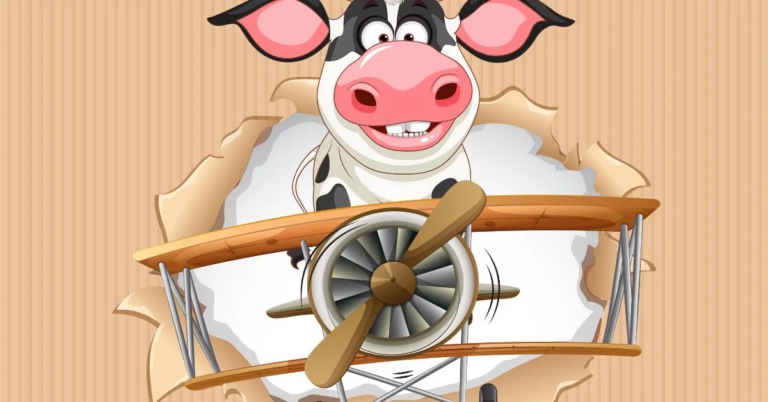 A Funny cow Puns is riding on airplane appearing in the picture