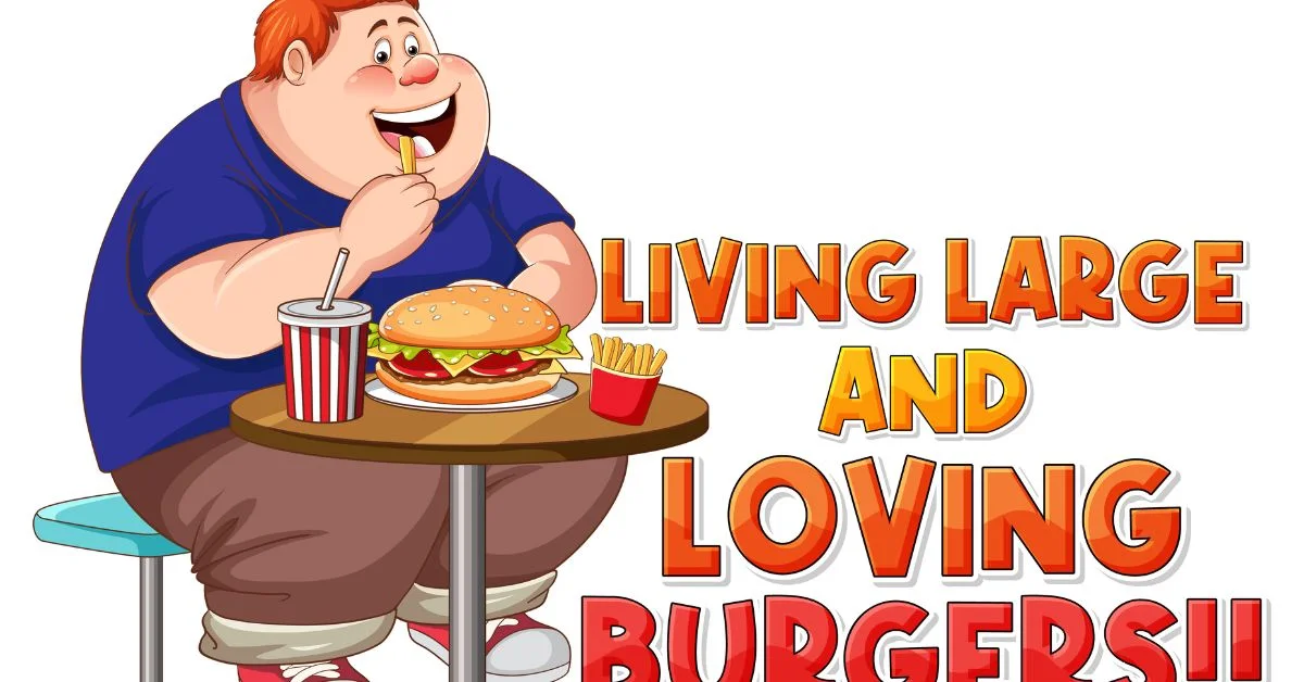 A fat boy is laughing and a funny fat jokes appearing