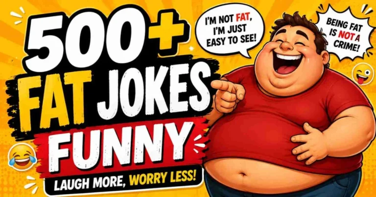 a fat jokes boy is laughing and a poster written 500+ fat jokes funny is appearing in the pic