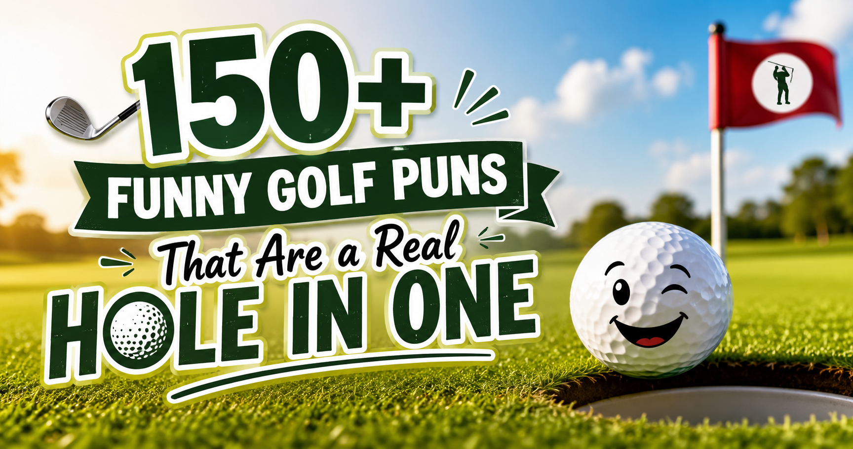 a golf ball and a text written 150+ funny golf puns is appearing in the pic